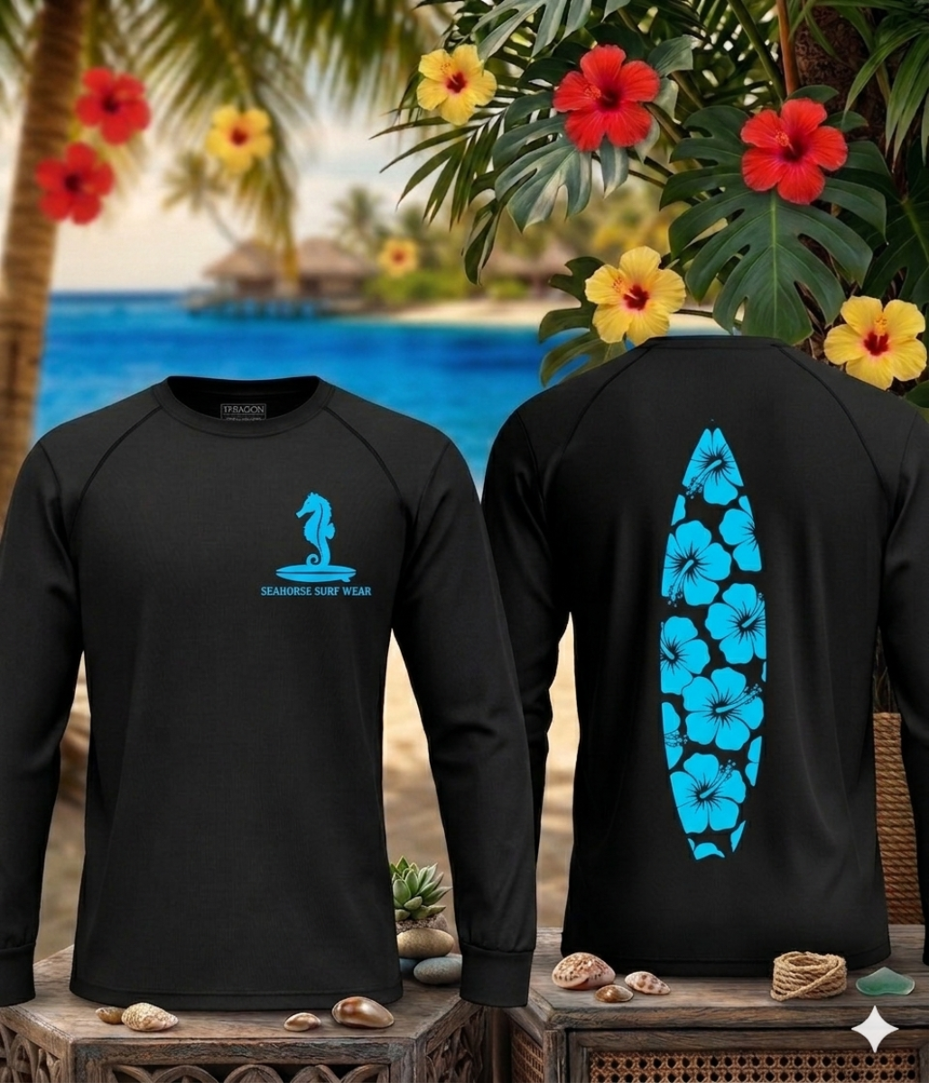 surf boards shoud be 14 1/2 inchs long logos on front chest should be 4 inches by 4 inches